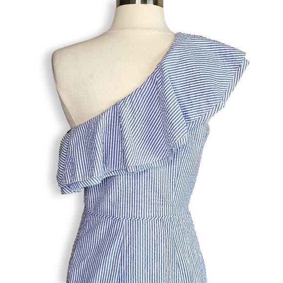J. Crew One Shoulder Ruffle Seersucker Dress in blue size 10 NWT - Picture 6 of 15